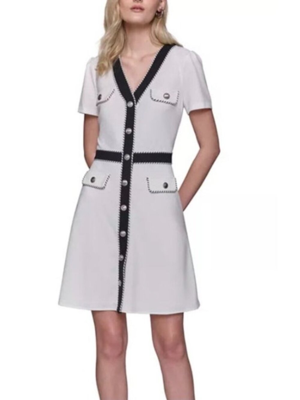 NWT Karl Lagerfeld Paris Two-Tone Button-Front Dress in White and Black. Size 12